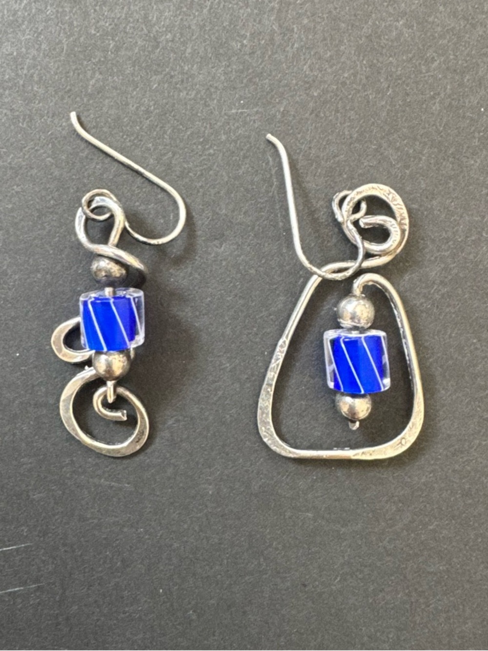 Handmade Artisan Silver Wire Trapezoid Esquina with Blue Striped glass beads